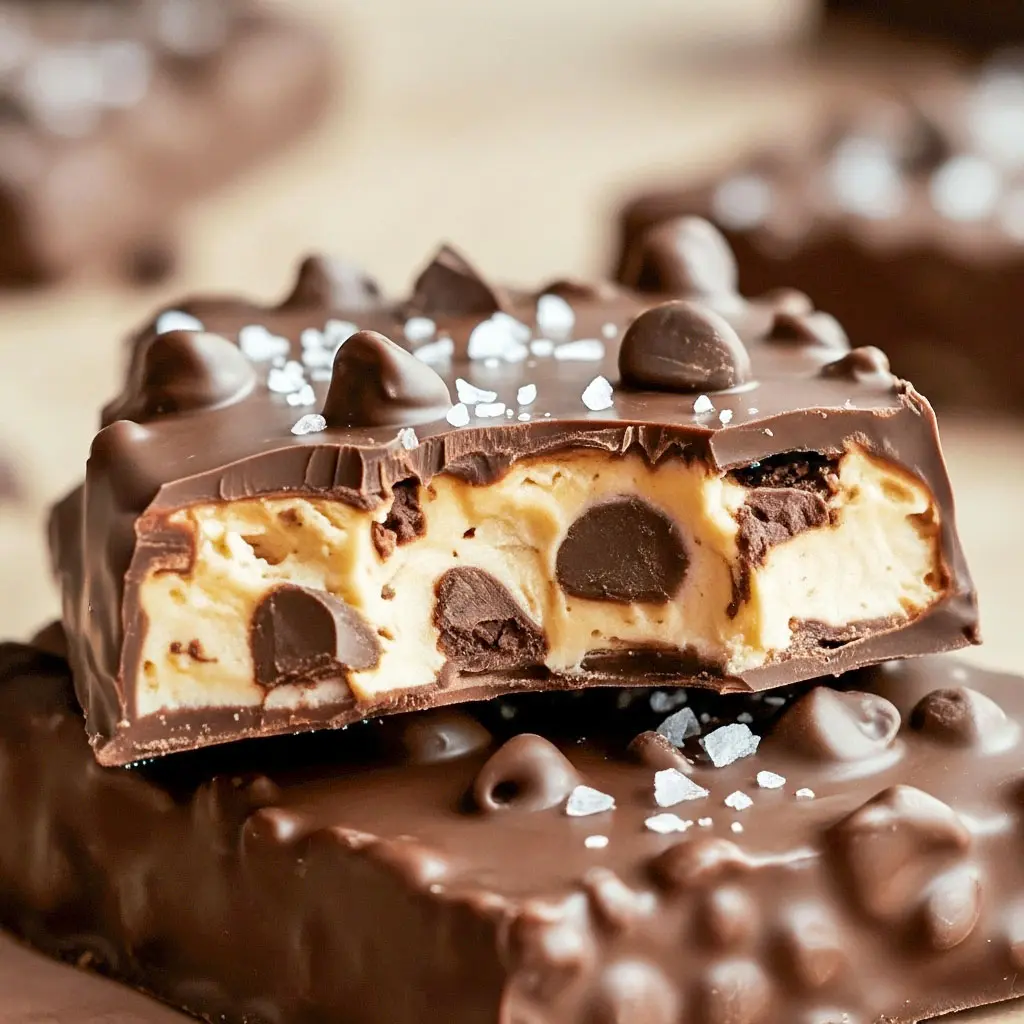 A close-up of chocolate cookie dough bark broken into pieces on parchment paper, showcasing Healthy No Bake texture and creamy layers. This dessert highlights Healthy Protein Treats made for fans of Chocolate Protein Dessert Recipes, offering inspiration beyond High Protein Baked Snacks and ideal for cozy Healthy High Protein Fall Desserts.