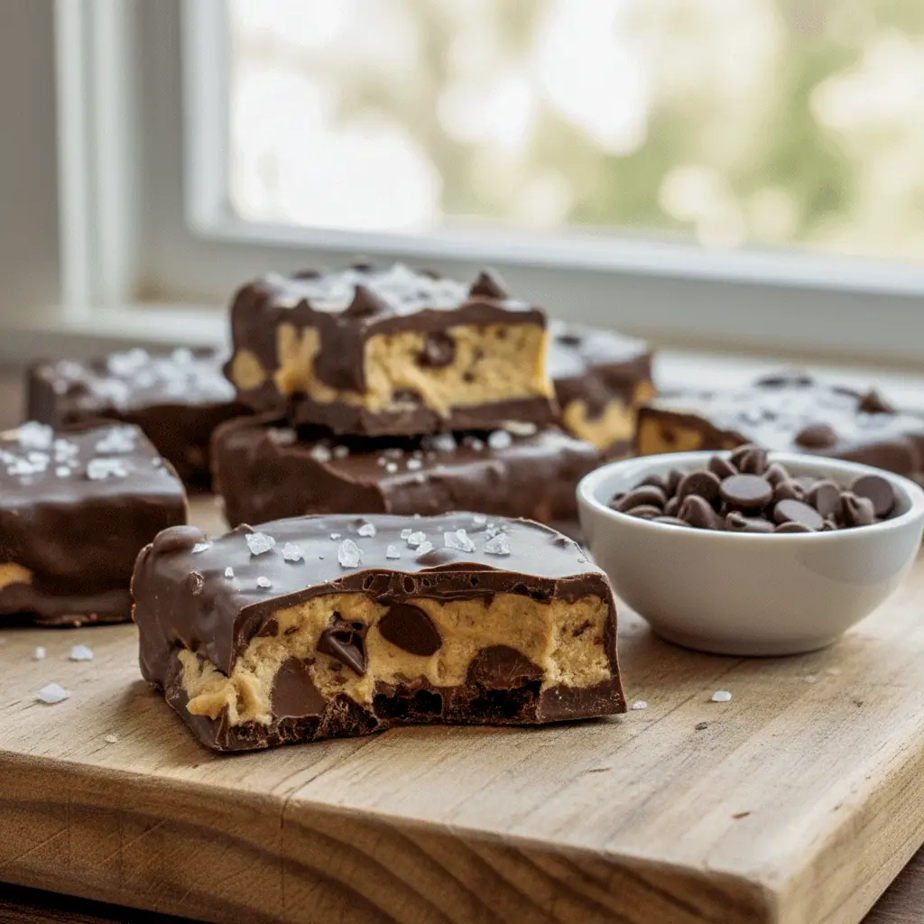 A close-up of chocolate cookie dough bark broken into pieces on parchment paper, showcasing Healthy No Bake texture and creamy layers. This dessert highlights Healthy Protein Treats made for fans of Chocolate Protein Dessert Recipes, offering inspiration beyond High Protein Baked Snacks and ideal for cozy Healthy High Protein Fall Desserts.