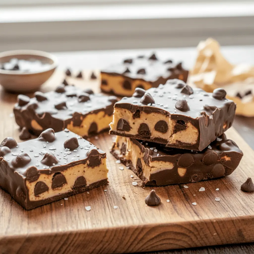 A close-up of chocolate cookie dough bark broken into pieces on parchment paper, showcasing Healthy No Bake texture and creamy layers. This dessert highlights Healthy Protein Treats made for fans of Chocolate Protein Dessert Recipes, offering inspiration beyond High Protein Baked Snacks and ideal for cozy Healthy High Protein Fall Desserts.