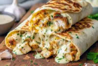 Golden, crispy Low Carb Cheesy Garlic Chicken Wraps sliced open to show melted cheese and tender chicken, ideal for Chicken Meal Prep Ideas Low Carb, Quick Dinner Low Carb, and Easy Low Carb Lunch Meal Prep meals.