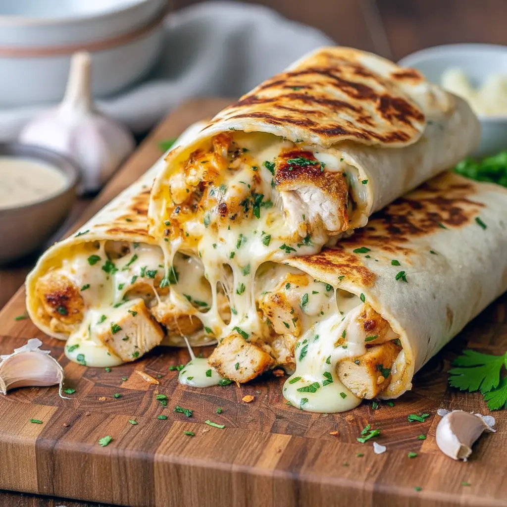 Golden, crispy Low Carb Cheesy Garlic Chicken Wraps sliced open to show melted cheese and tender chicken, ideal for Chicken Meal Prep Ideas Low Carb, Quick Dinner Low Carb, and Easy Low Carb Lunch Meal Prep meals.