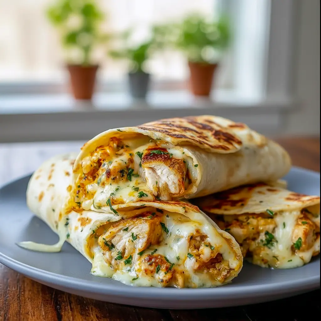 Golden, crispy Low Carb Cheesy Garlic Chicken Wraps sliced open to show melted cheese and tender chicken, ideal for Chicken Meal Prep Ideas Low Carb, Quick Dinner Low Carb, and Easy Low Carb Lunch Meal Prep meals.