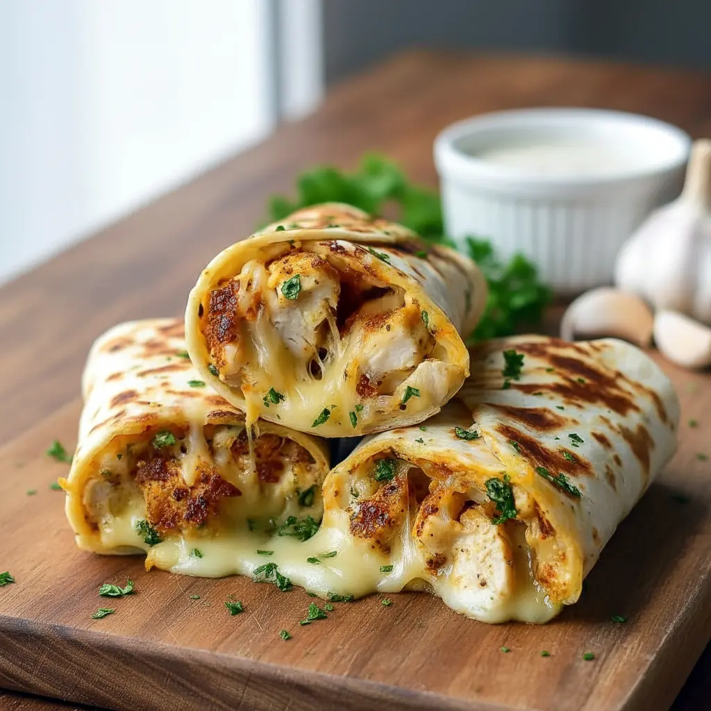 Golden, crispy Low Carb Cheesy Garlic Chicken Wraps sliced open to show melted cheese and tender chicken, ideal for Chicken Meal Prep Ideas Low Carb, Quick Dinner Low Carb, and Easy Low Carb Lunch Meal Prep meals.
