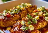 Plate of hot honey feta chicken topped with herbs, showcasing a glossy sweet-spicy glaze — a delicious Dinner Crowd Pleasers recipe perfect for easy entertaining and flavorful weeknight meals.
