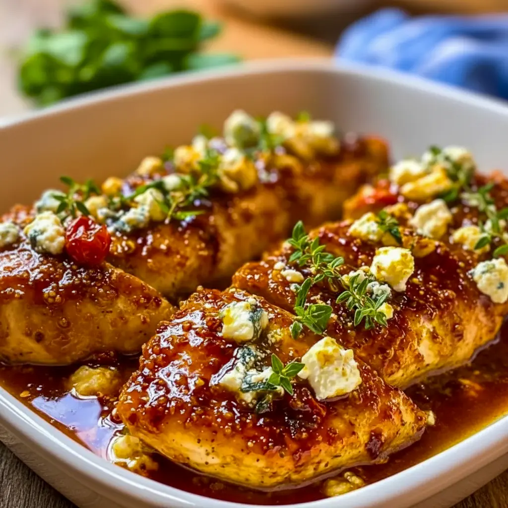 Plate of hot honey feta chicken topped with herbs, showcasing a glossy sweet-spicy glaze — a delicious Dinner Crowd Pleasers recipe perfect for easy entertaining and flavorful weeknight meals.