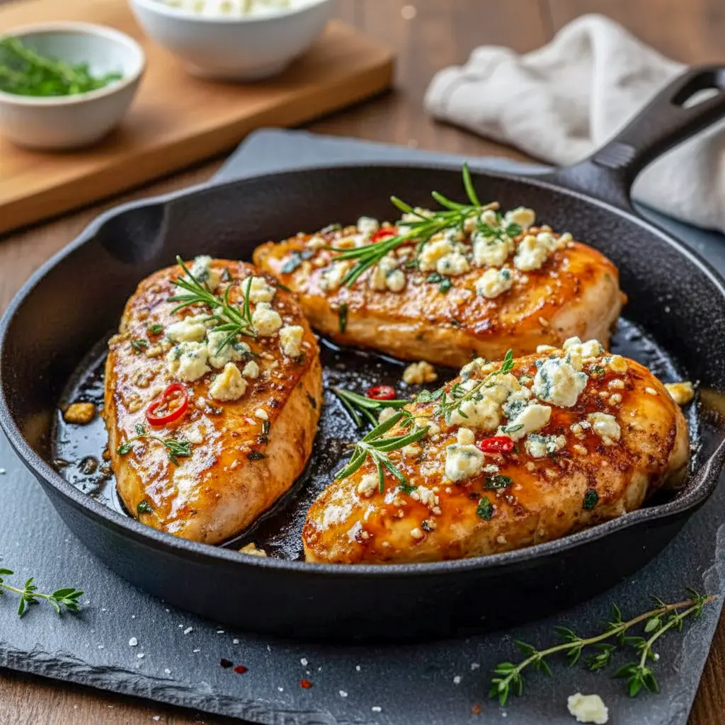 Plate of hot honey feta chicken topped with herbs, showcasing a glossy sweet-spicy glaze — a delicious Dinner Crowd Pleasers recipe perfect for easy entertaining and flavorful weeknight meals.