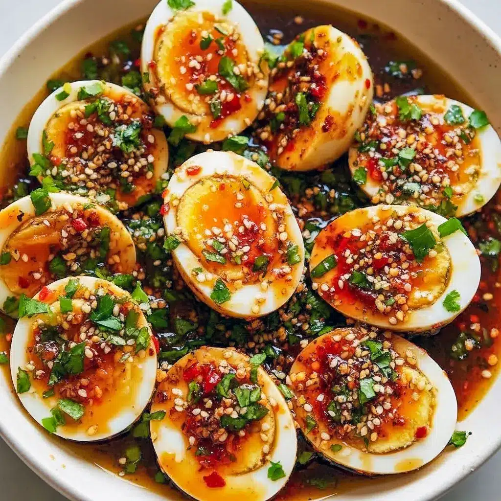 Plate of spicy chili garlic deviled eggs topped with crunchy chili crisp, sesame seeds, and herbs, arranged for a flavorful starter or snack.