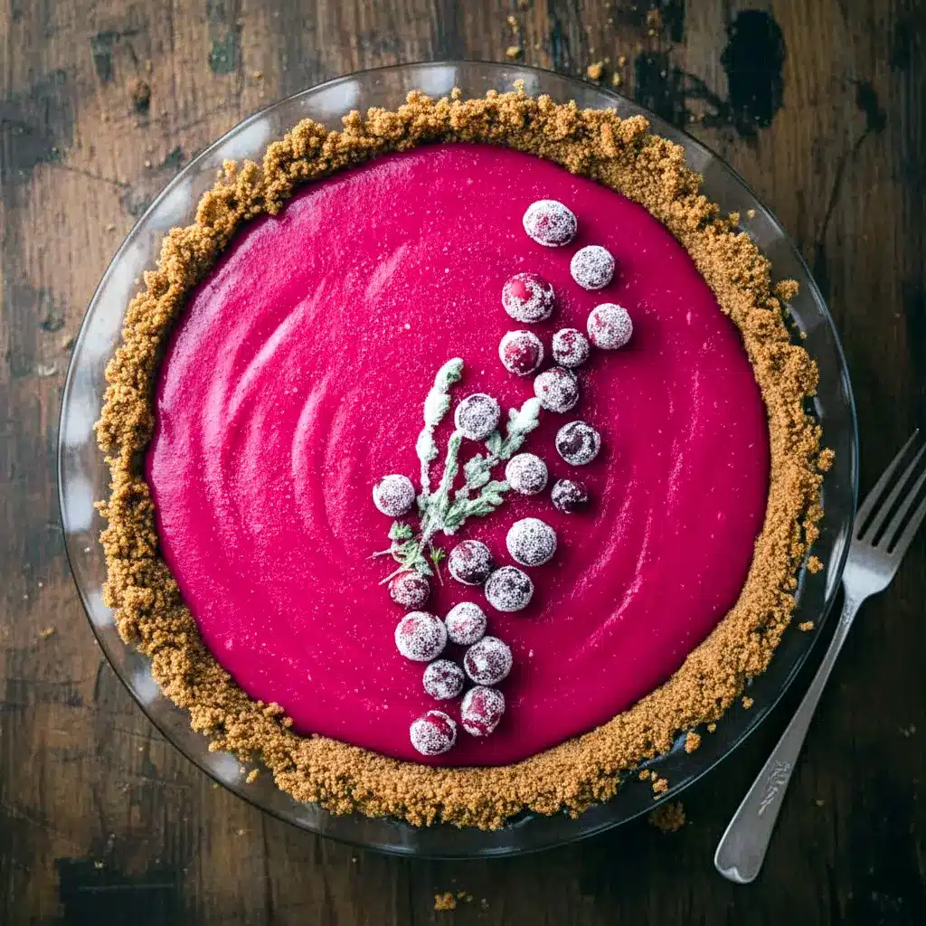 Bright and vibrant Cranberry Gingersnap Pie with a glossy cranberry curd filling, spiced gingersnap crust, sugared cranberries, and festive garnish.