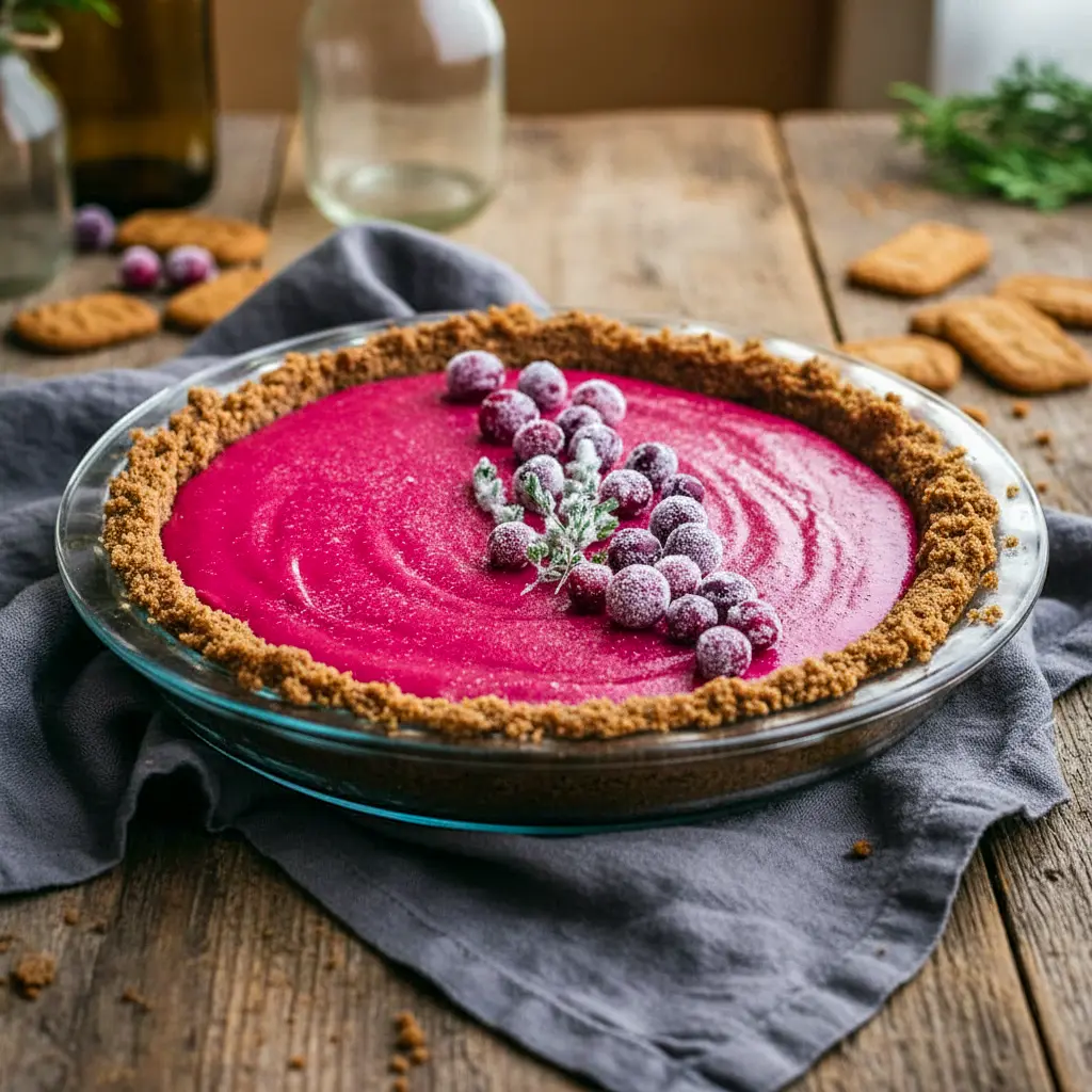 Bright and vibrant Cranberry Gingersnap Pie with a glossy cranberry curd filling, spiced gingersnap crust, sugared cranberries, and festive garnish.