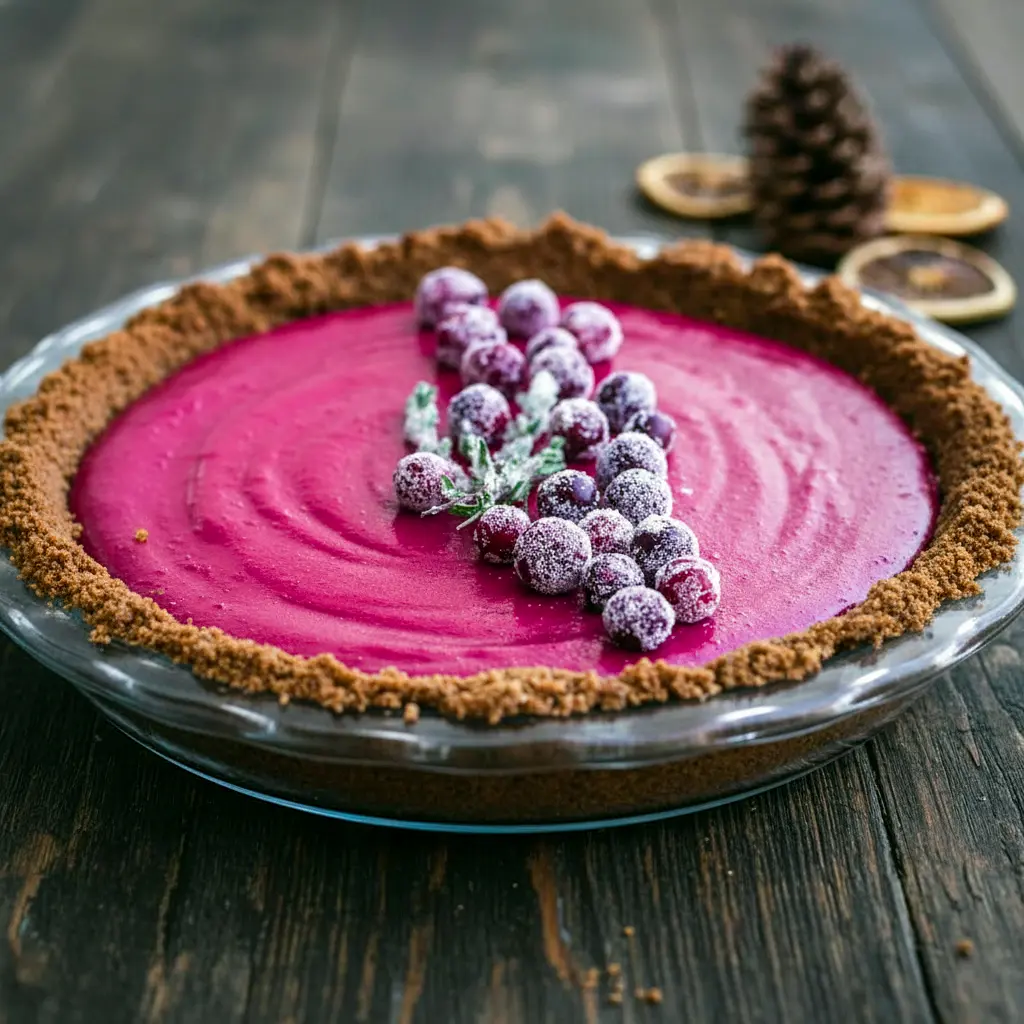 Bright and vibrant Cranberry Gingersnap Pie with a glossy cranberry curd filling, spiced gingersnap crust, sugared cranberries, and festive garnish.