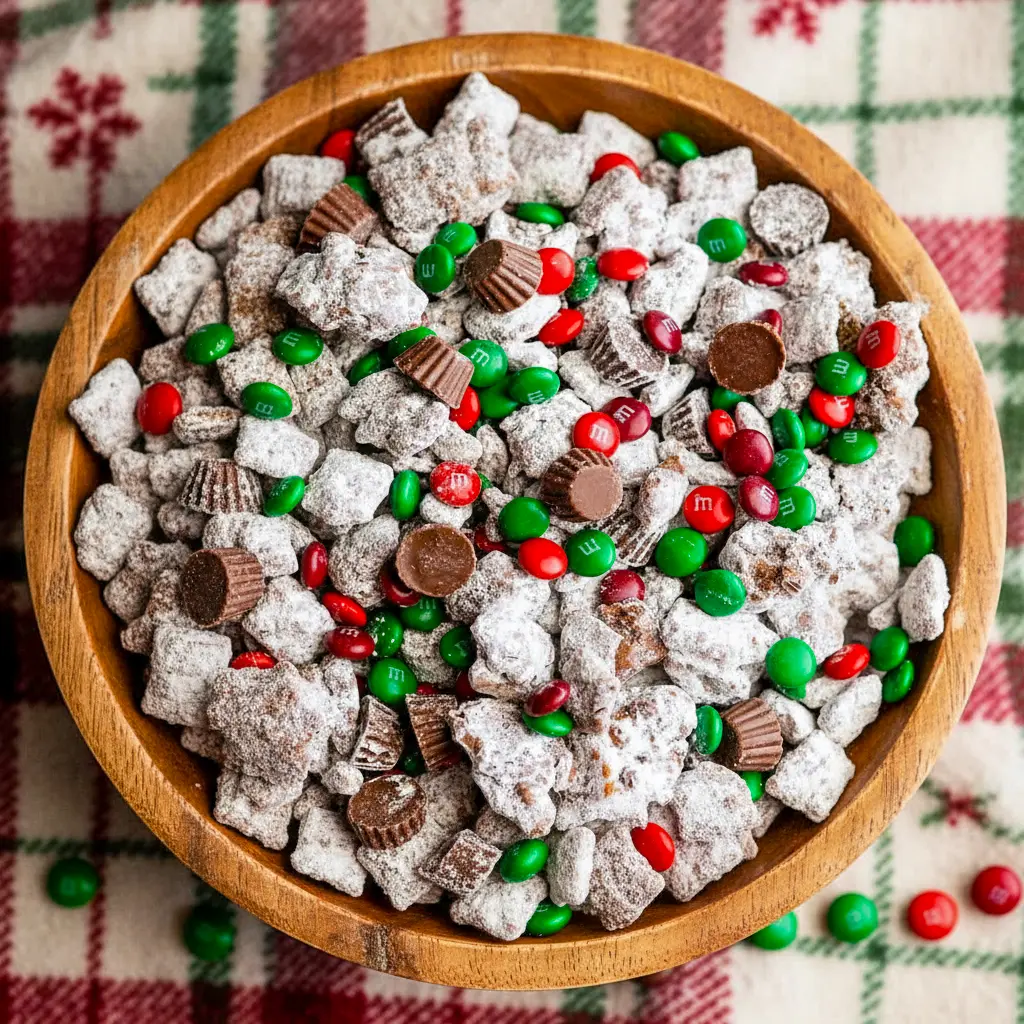 Bowl of sweet and crunchy holiday Reindeer Food Puppy Chow coated in powdered sugar with festive candies, perfect for Christmas snacking and winter dessert parties.