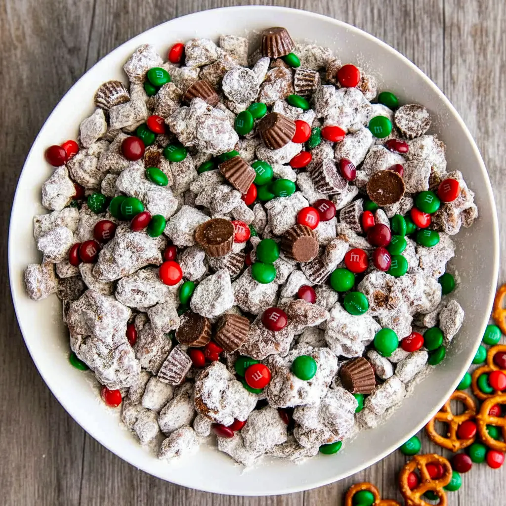 Bowl of sweet and crunchy holiday Reindeer Food Puppy Chow coated in powdered sugar with festive candies, perfect for Christmas snacking and winter dessert parties.