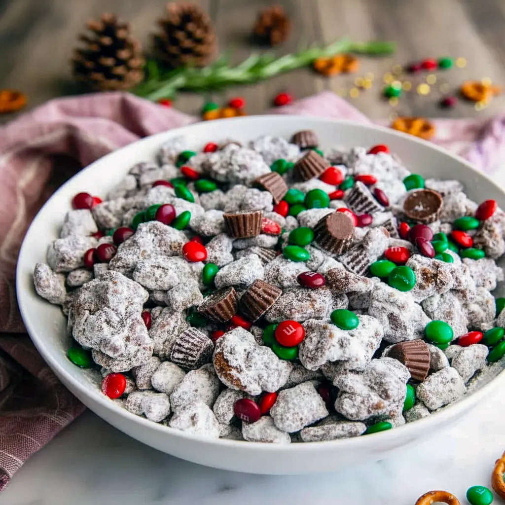 Bowl of sweet and crunchy holiday Reindeer Food Puppy Chow coated in powdered sugar with festive candies, perfect for Christmas snacking and winter dessert parties.