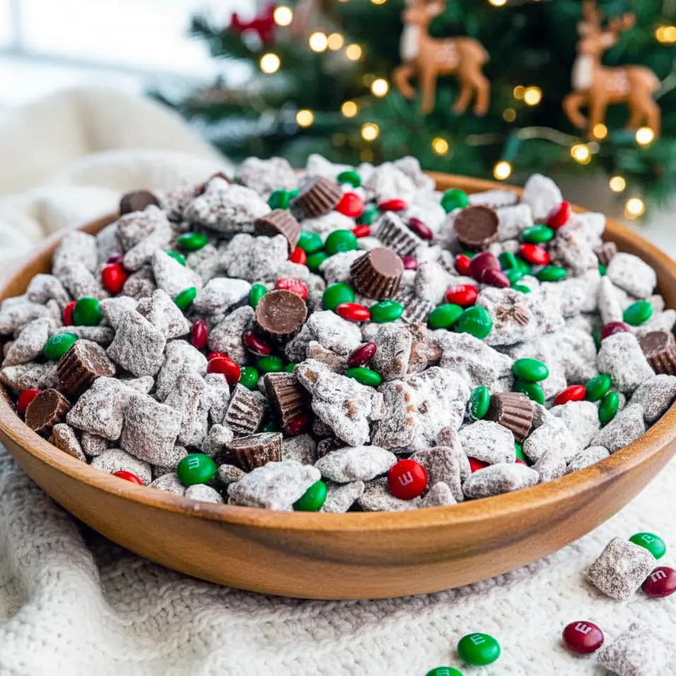 Bowl of sweet and crunchy holiday Reindeer Food Puppy Chow coated in powdered sugar with festive candies, perfect for Christmas snacking and winter dessert parties.