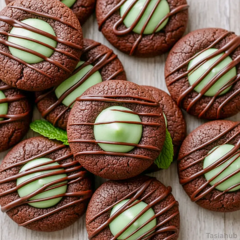 Overhead view of Chocolate Mint Thumbprint Cookies on a festive plate, showcasing rich chocolate cookies with smooth mint centers, ideal for holiday baking and classic Mint Chocolate Desserts inspiration.