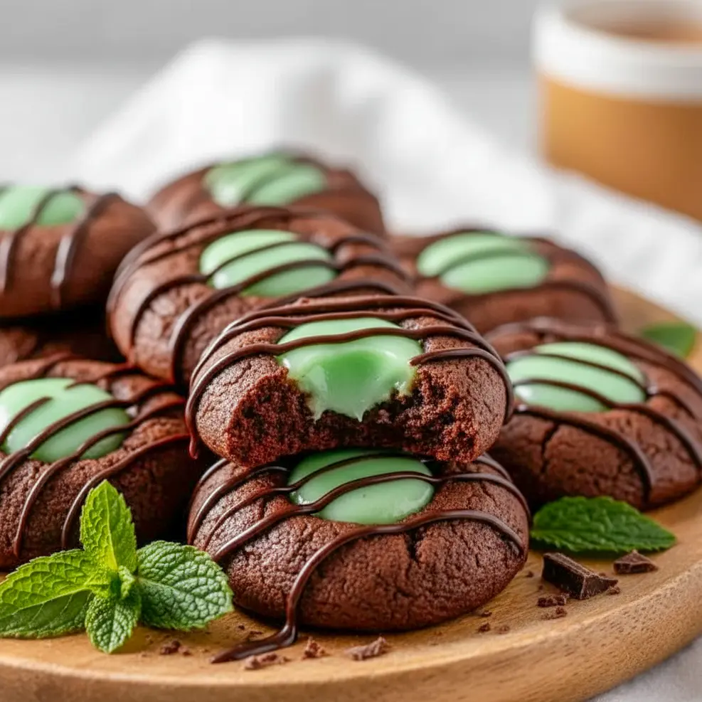 Overhead view of Chocolate Mint Thumbprint Cookies on a festive plate, showcasing rich chocolate cookies with smooth mint centers, ideal for holiday baking and classic Mint Chocolate Desserts inspiration.