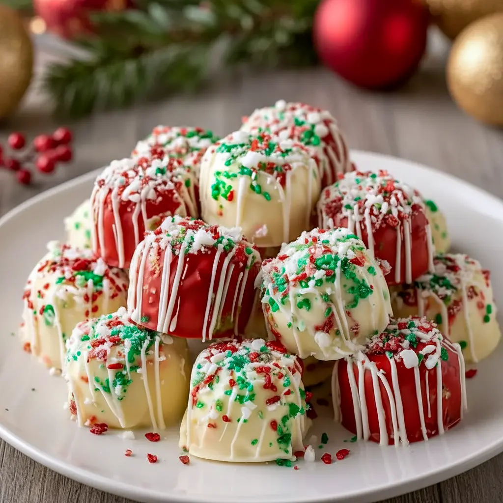 Festive Christmas Cheesecake Bites dipped in red and green chocolate, topped with sprinkles, and arranged on a holiday platter for an easy no-bake Christmas treat.