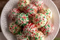 Festive Christmas Cheesecake Bites dipped in red and green chocolate, topped with sprinkles, and arranged on a holiday platter for an easy no-bake Christmas treat.