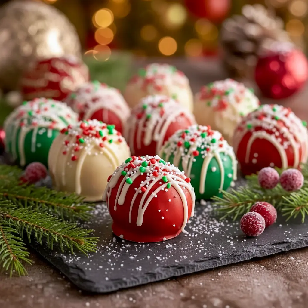 Festive Christmas Cheesecake Bites dipped in red and green chocolate, topped with sprinkles, and arranged on a holiday platter for an easy no-bake Christmas treat.