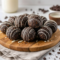 A plate of chocolate Oreo protein balls drizzled with white chocolate, shown as a no-bake high-protein snack ready for parties, meal prep, or quick grab-and-go treats.