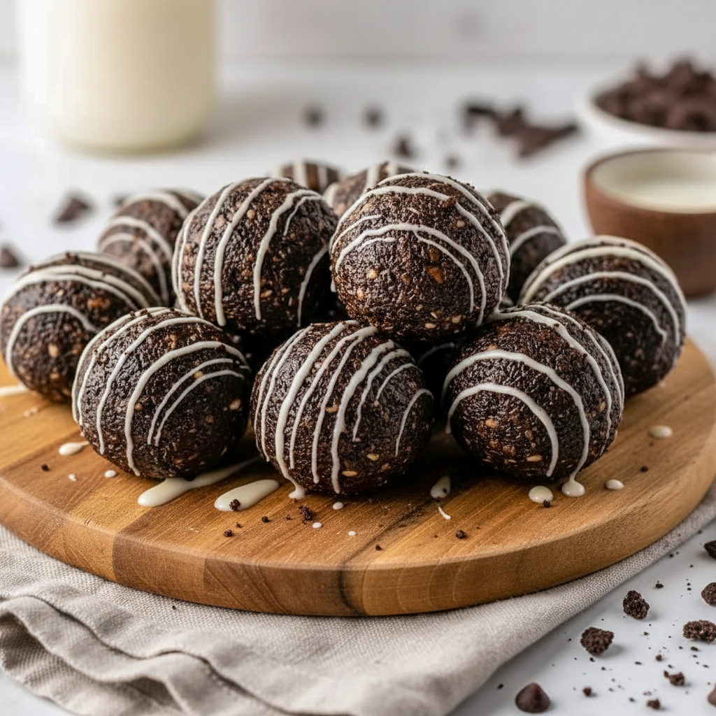 A plate of chocolate Oreo protein balls drizzled with white chocolate, shown as a no-bake high-protein snack ready for parties, meal prep, or quick grab-and-go treats.
