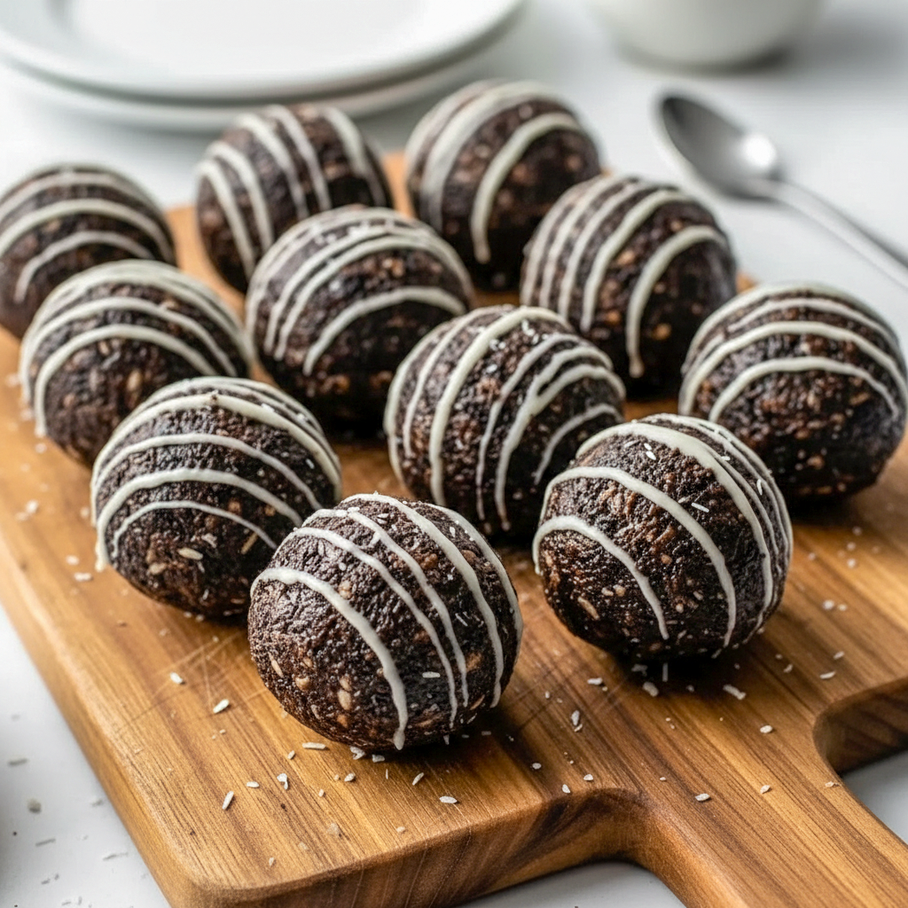 A plate of chocolate Oreo protein balls drizzled with white chocolate, shown as a no-bake high-protein snack ready for parties, meal prep, or quick grab-and-go treats.