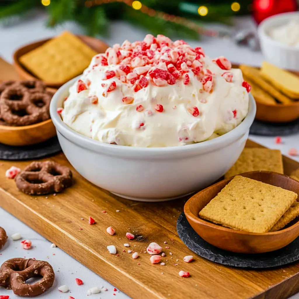 A bowl of creamy peppermint dessert dip topped with crushed candy pieces, styled for the holidays and served with chocolate cookies and pretzels, inspired by Jalapeno Popper Dip, Peppermint Cheesecake, classic Cheesecake Dip, and fun party favorites like Taco Dip.