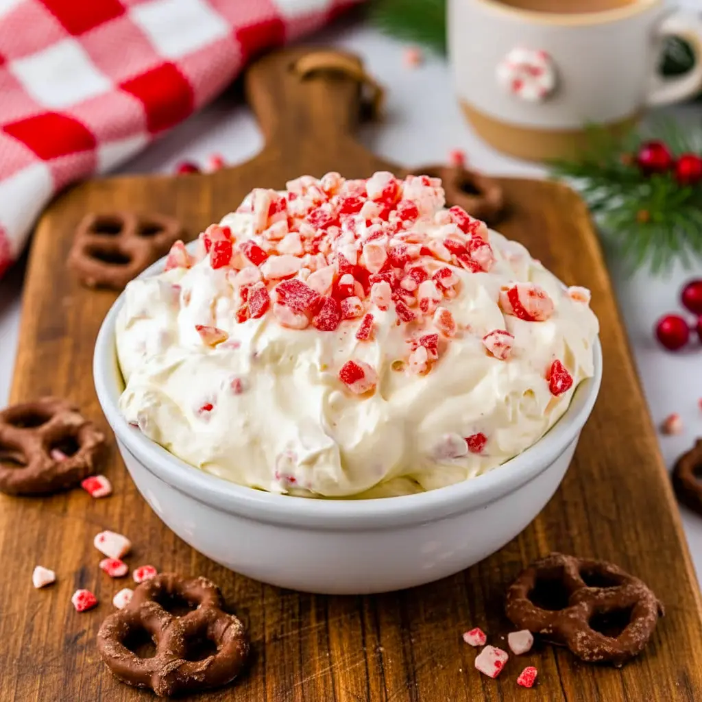 A bowl of creamy peppermint dessert dip topped with crushed candy pieces, styled for the holidays and served with chocolate cookies and pretzels, inspired by Jalapeno Popper Dip, Peppermint Cheesecake, classic Cheesecake Dip, and fun party favorites like Taco Dip.