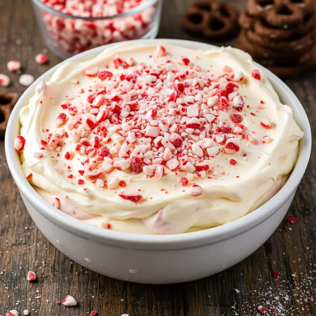 A bowl of creamy peppermint dessert dip topped with crushed candy pieces, styled for the holidays and served with chocolate cookies and pretzels, inspired by Jalapeno Popper Dip, Peppermint Cheesecake, classic Cheesecake Dip, and fun party favorites like Taco Dip.