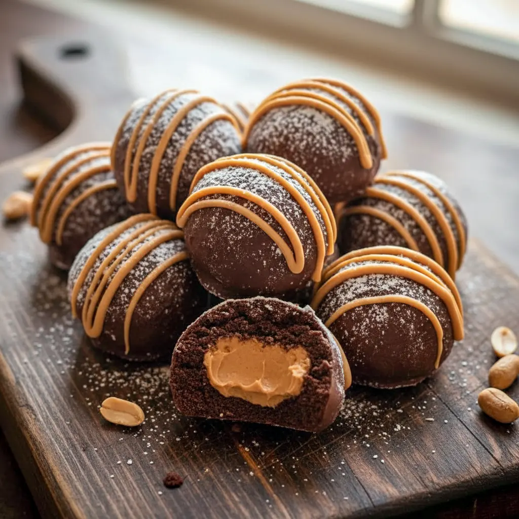 No-bake chocolate peanut butter snowballs coated in smooth chocolate and finished with a caramel drizzle, arranged on a festive holiday plate for Christmas dessert inspiration.