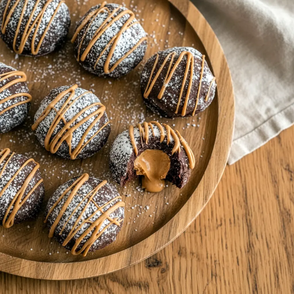 No-bake chocolate peanut butter snowballs coated in smooth chocolate and finished with a caramel drizzle, arranged on a festive holiday plate for Christmas dessert inspiration.
