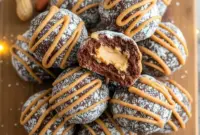 Unbelievable Chocolate Peanut Butter Snowballs – Chocolate Peanut Butter Christmas Desserts3 No-bake chocolate peanut butter snowballs coated in smooth chocolate and finished with a caramel drizzle, arranged on a festive holiday plate for Christmas dessert inspiration.