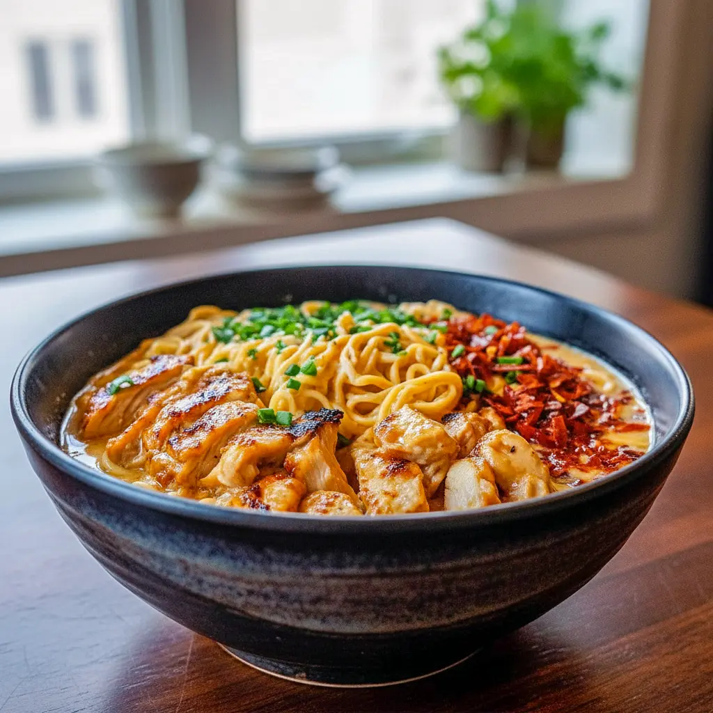Spicy creamy ramen bowl featuring tender chicken, garlic sauce, and fresh greens, inspired by Chicken Birria Ramen, Chicken Fried Ramen Noodles, and classic Ramen Chicken Noodle Recipes, topped with creative Ramen Topping Ideas, perfect for fans of Ramen Crockpot Recipes and bold noodle dishes.