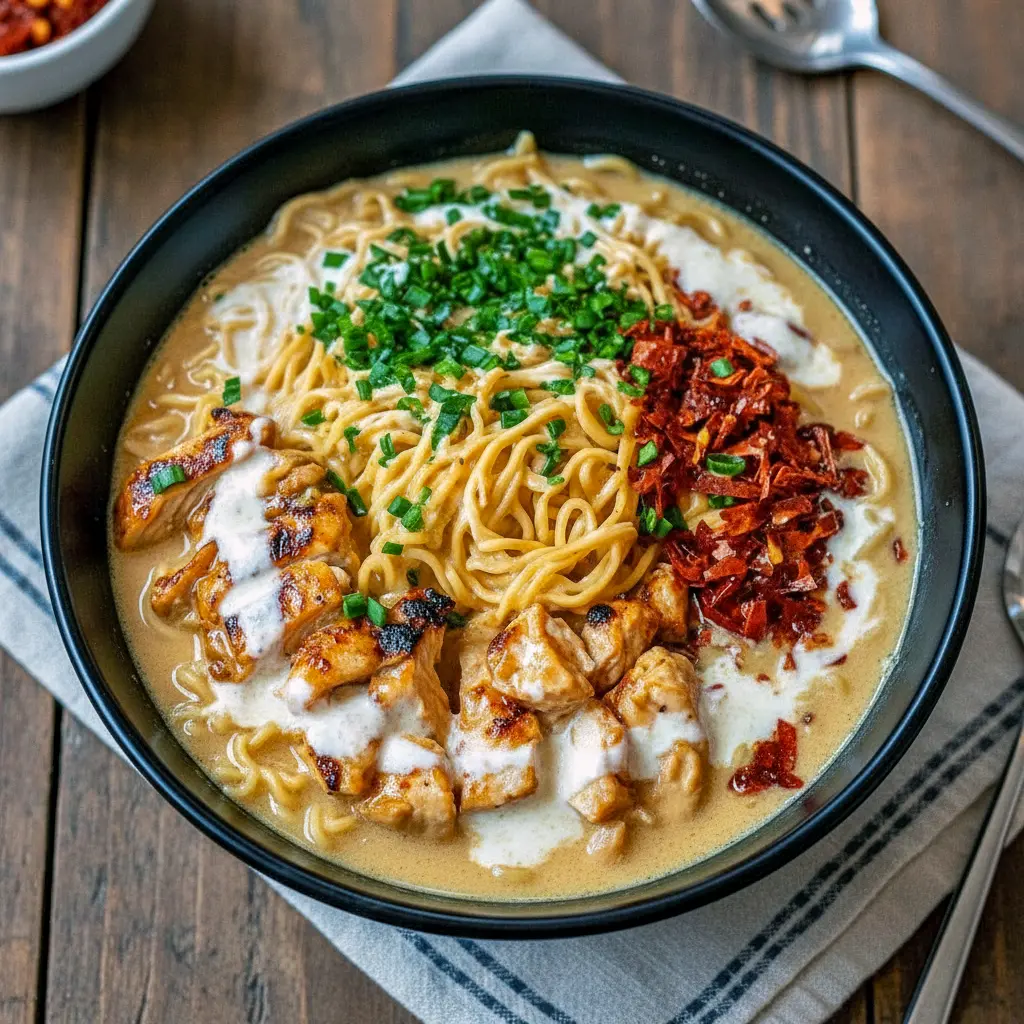 Spicy creamy ramen bowl featuring tender chicken, garlic sauce, and fresh greens, inspired by Chicken Birria Ramen, Chicken Fried Ramen Noodles, and classic Ramen Chicken Noodle Recipes, topped with creative Ramen Topping Ideas, perfect for fans of Ramen Crockpot Recipes and bold noodle dishes.