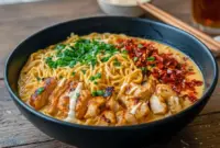 Spicy creamy ramen bowl featuring tender chicken, garlic sauce, and fresh greens, inspired by Chicken Birria Ramen, Chicken Fried Ramen Noodles, and classic Ramen Chicken Noodle Recipes, topped with creative Ramen Topping Ideas, perfect for fans of Ramen Crockpot Recipes and bold noodle dishes.