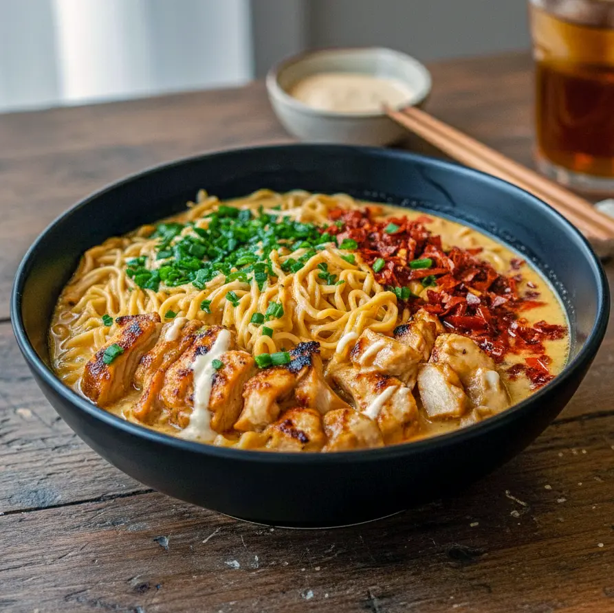Spicy creamy ramen bowl featuring tender chicken, garlic sauce, and fresh greens, inspired by Chicken Birria Ramen, Chicken Fried Ramen Noodles, and classic Ramen Chicken Noodle Recipes, topped with creative Ramen Topping Ideas, perfect for fans of Ramen Crockpot Recipes and bold noodle dishes.
