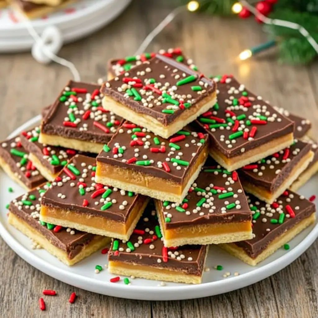 A glossy sheet of chocolate-covered Saltine Toffee topped with Toasted Almonds, broken into pieces and arranged on a holiday Dessert Tray, surrounded by festive Christmas Table Decorations—a perfect sweet addition for Hosting Christmas Dinner and completing any Christmas Dessert Table.