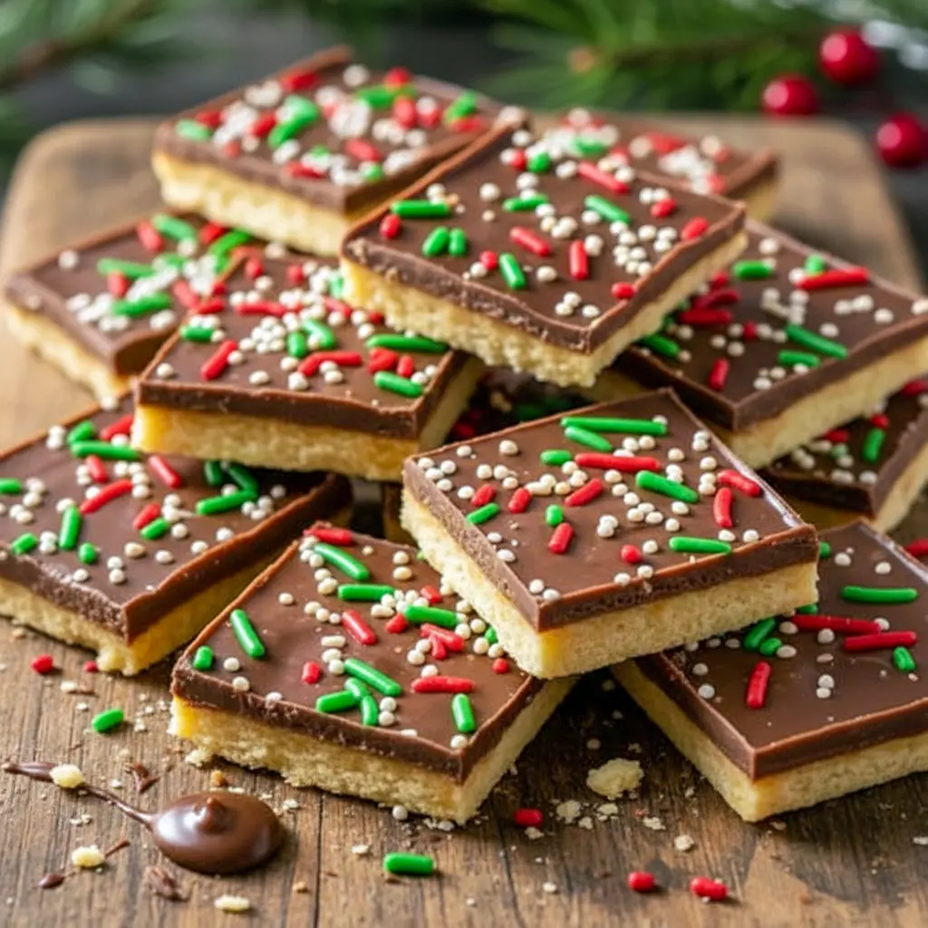 A glossy sheet of chocolate-covered Saltine Toffee topped with Toasted Almonds, broken into pieces and arranged on a holiday Dessert Tray, surrounded by festive Christmas Table Decorations—a perfect sweet addition for Hosting Christmas Dinner and completing any Christmas Dessert Table.