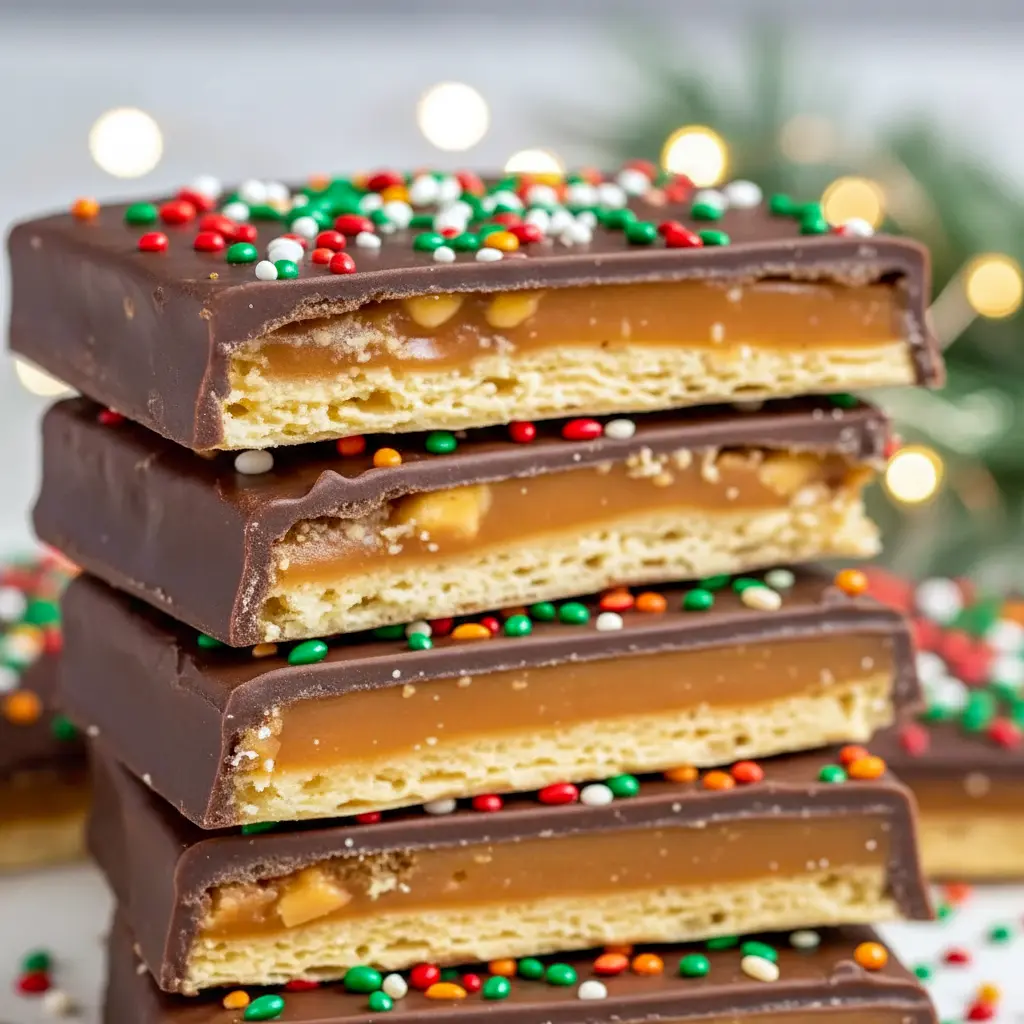 A glossy sheet of chocolate-covered Saltine Toffee topped with Toasted Almonds, broken into pieces and arranged on a holiday Dessert Tray, surrounded by festive Christmas Table Decorations—a perfect sweet addition for Hosting Christmas Dinner and completing any Christmas Dessert Table.