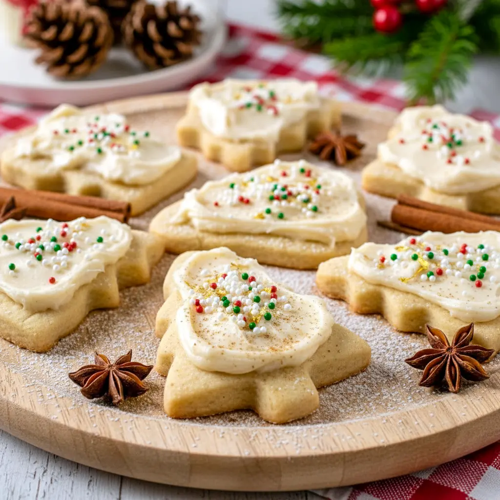 Plate of soft, frosted holiday cookies made with eggnog, decorated with festive sprinkles and inspired by Eggnog Cookies Christmas, Eggnog Cookies With Cream Cheese Frosting, Eggnog Snickerdoodles With Icing, Frosted Eggnog Cookie Recipe, Eggnog Cookies Recipe, Soft Holiday Eggnog Cookies, Glazed Eggnog Cookies Recipe Allrecipes, Frosted Eggnog Cookies, and Christmas Cookies Eggnog treats.