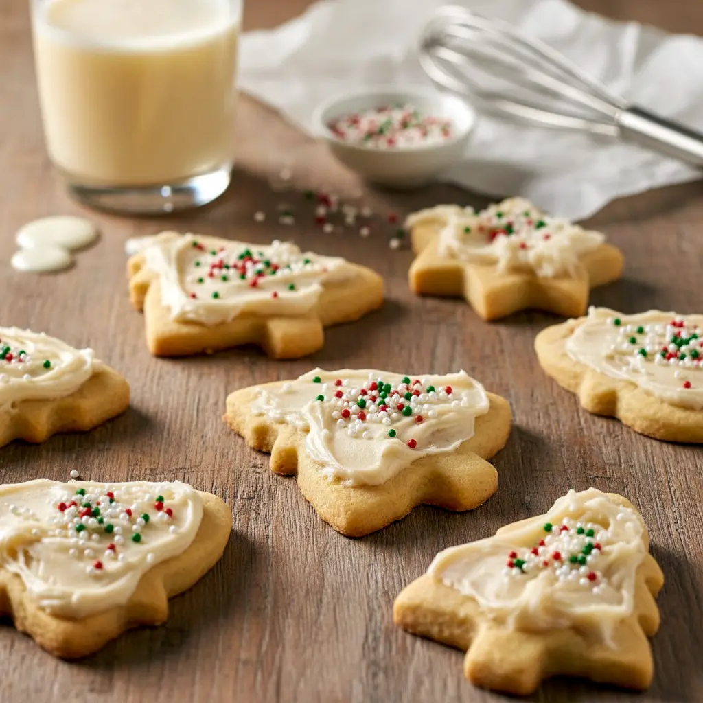 Plate of soft, frosted holiday cookies made with eggnog, decorated with festive sprinkles and inspired by Eggnog Cookies Christmas, Eggnog Cookies With Cream Cheese Frosting, Eggnog Snickerdoodles With Icing, Frosted Eggnog Cookie Recipe, Eggnog Cookies Recipe, Soft Holiday Eggnog Cookies, Glazed Eggnog Cookies Recipe Allrecipes, Frosted Eggnog Cookies, and Christmas Cookies Eggnog treats.