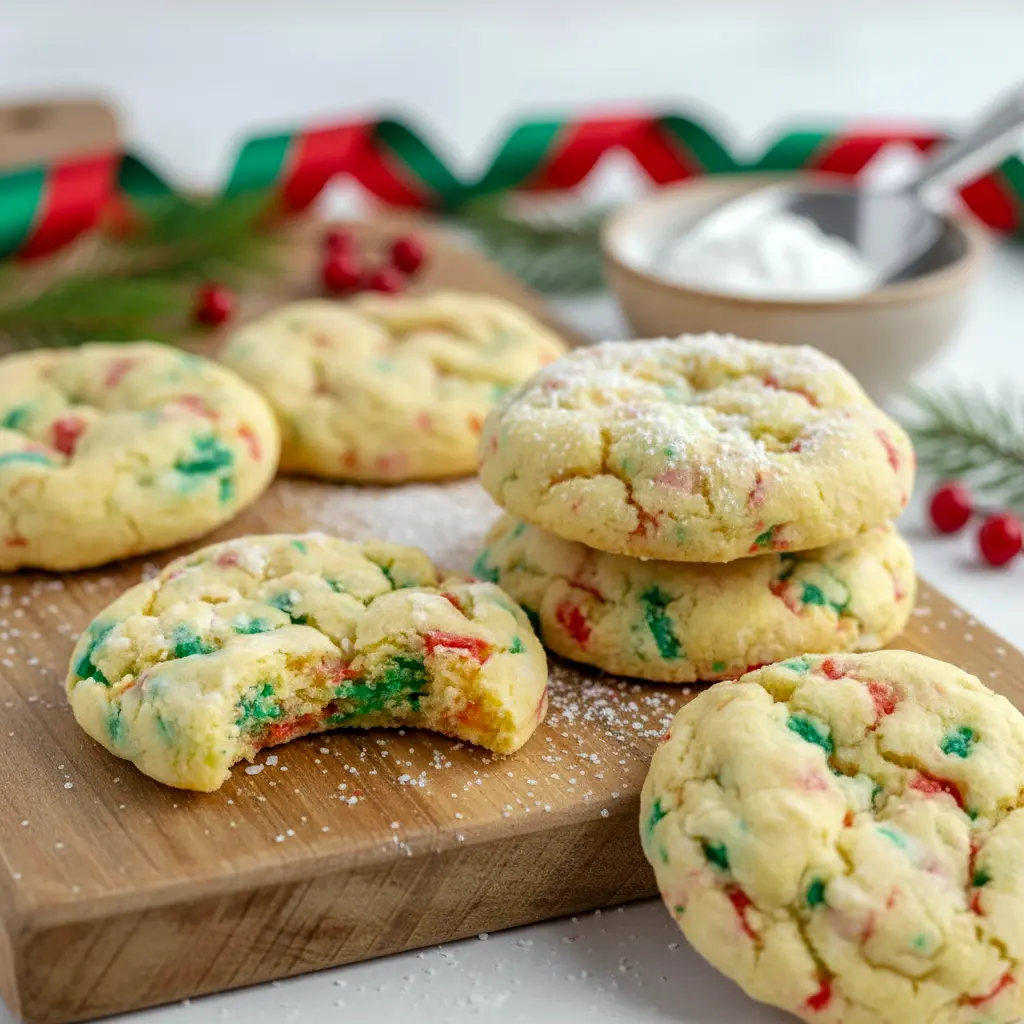 Soft and powdered-sugar-coated Christmas Ooey Gooey Cookies arranged on a holiday plate with sprinkles and festive decorations.