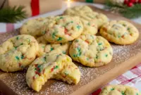 Soft and powdered-sugar-coated Christmas Ooey Gooey Cookies arranged on a holiday plate with sprinkles and festive decorations.