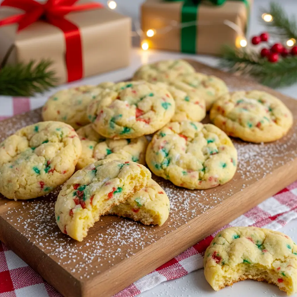 Soft and powdered-sugar-coated Christmas Ooey Gooey Cookies arranged on a holiday plate with sprinkles and festive decorations.