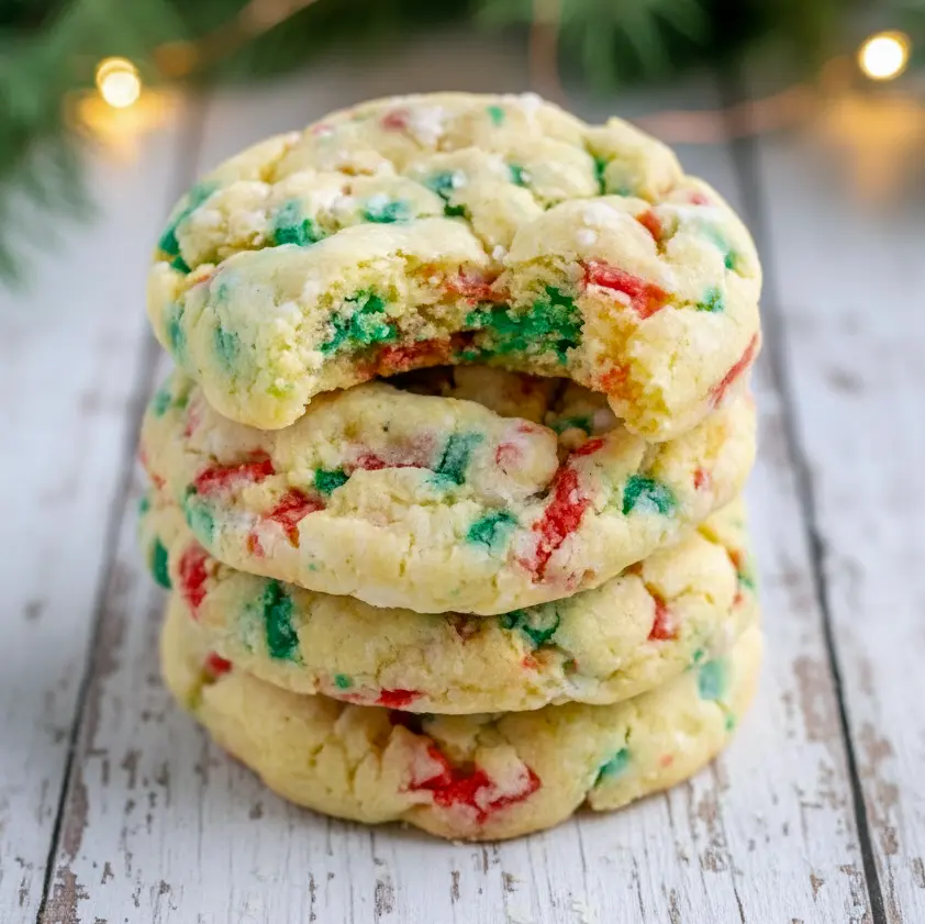 Soft and powdered-sugar-coated Christmas Ooey Gooey Cookies arranged on a holiday plate with sprinkles and festive decorations.