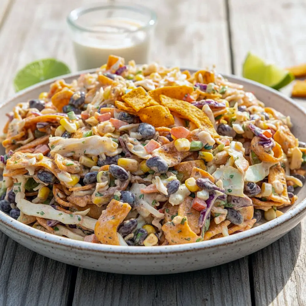 Bowl of crunchy Cabbage Cowboy Salad packed with coleslaw mix, beans, corn, peppers, and Fritos, tossed in creamy chipotle dressing, perfect as a flavorful Salad To Take To A Party.