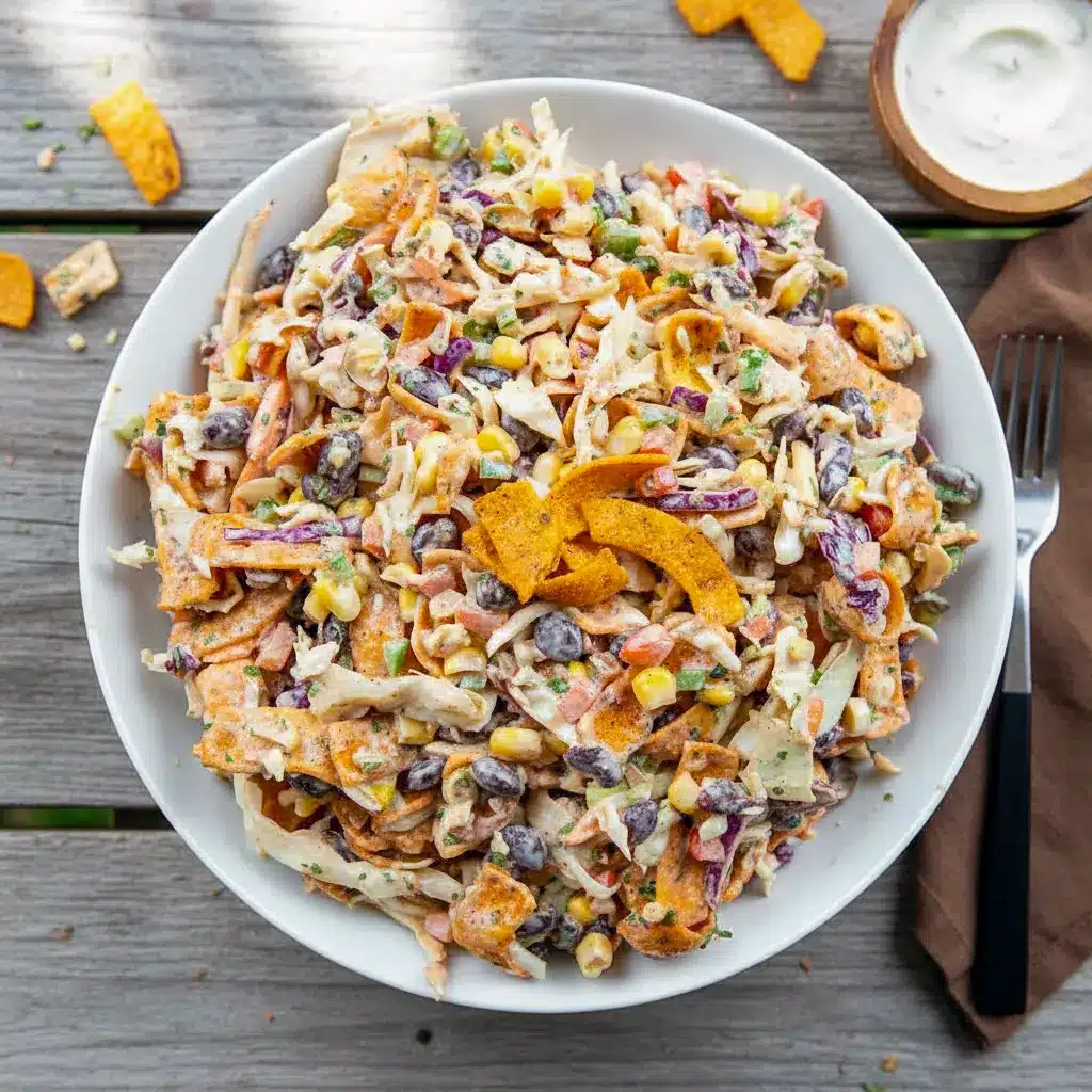 Bowl of crunchy Cabbage Cowboy Salad packed with coleslaw mix, beans, corn, peppers, and Fritos, tossed in creamy chipotle dressing, perfect as a flavorful Salad To Take To A Party.