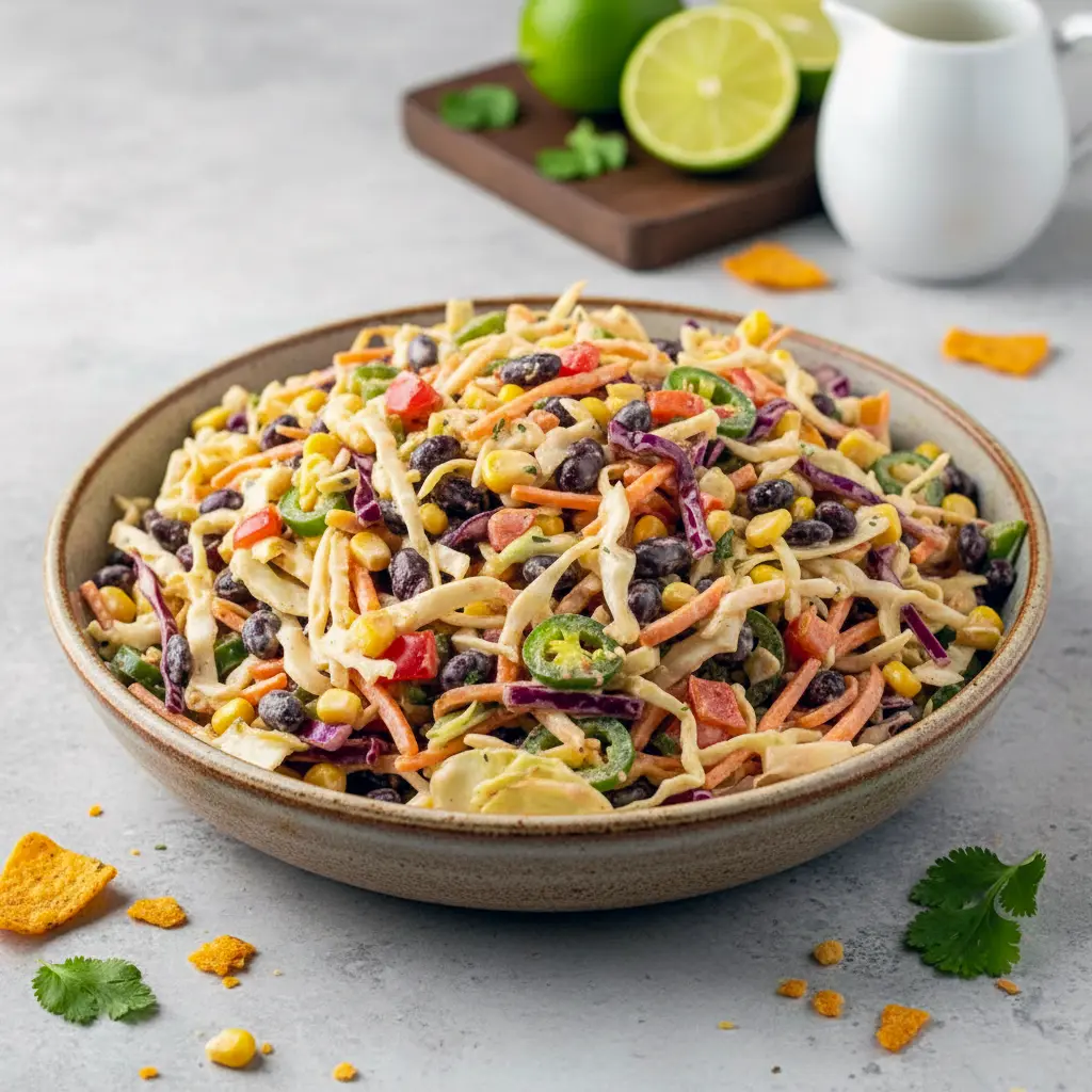 Bowl of crunchy Cabbage Cowboy Salad packed with coleslaw mix, beans, corn, peppers, and Fritos, tossed in creamy chipotle dressing, perfect as a flavorful Salad To Take To A Party.