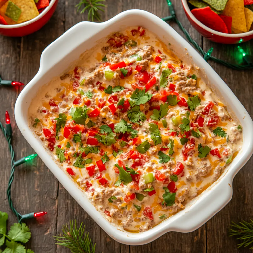 Texas-style Christmas chip and dip with creamy layers, festive colors, and bold Tex-Mex flavor—perfect for holiday parties, snacking, and vibrant Christmas appetizer spreads.