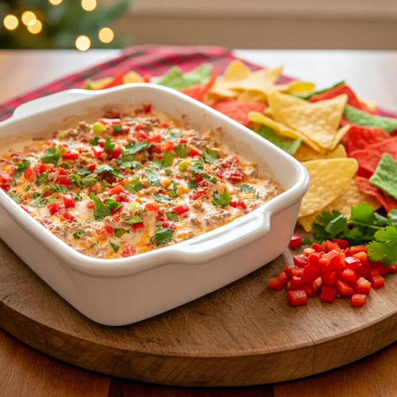 Texas-style Christmas chip and dip with creamy layers, festive colors, and bold Tex-Mex flavor—perfect for holiday parties, snacking, and vibrant Christmas appetizer spreads.